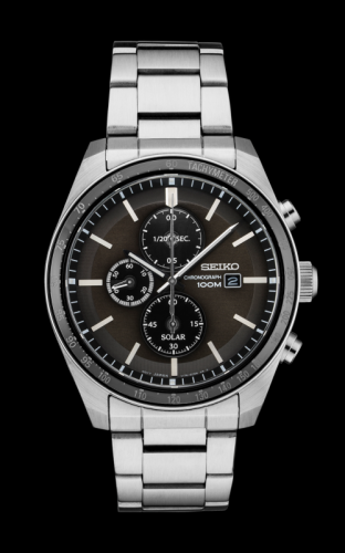 Mens Solar Chronograph Silver Case Black Dial