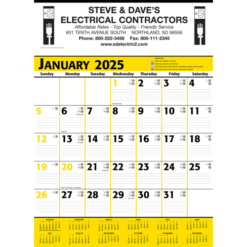 Commercial Contractor Calendar: Yellow & Black 2025, 1 Color Imprint