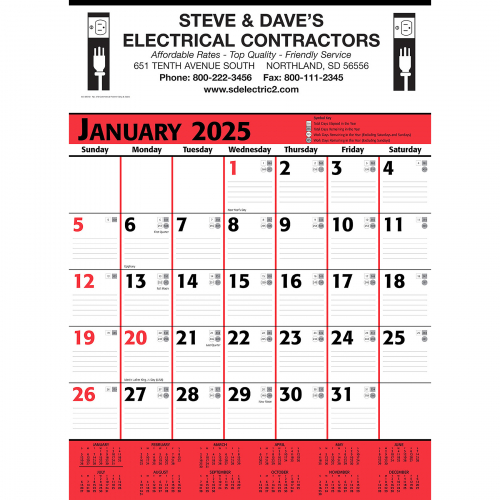 Commercial Contractor Calendar: Red & Black 2025, 1 Color Imprint