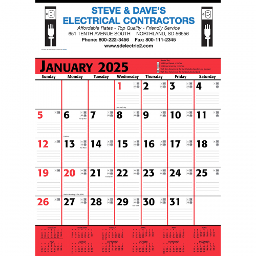 Commercial Contractor Calendar: Red & Black 2025, 2+ Imprint Colors