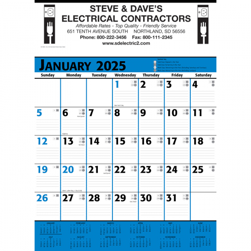 Commercial Contractor Calendar: Blue & Black 2025, 1 Color Imprint