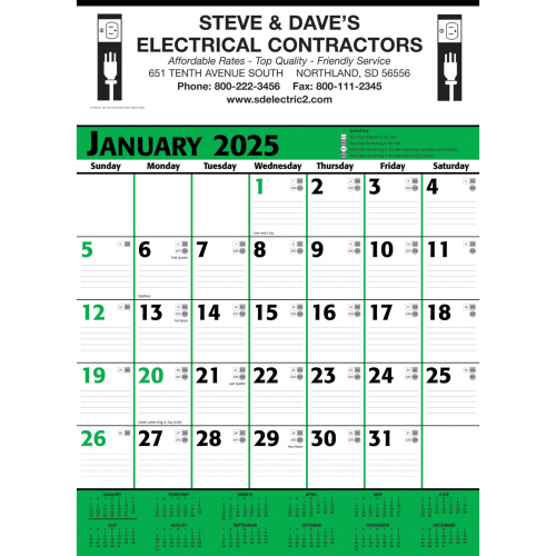 Commercial Contractor Calendar: Green & Black 2025, 1 Color Imprint