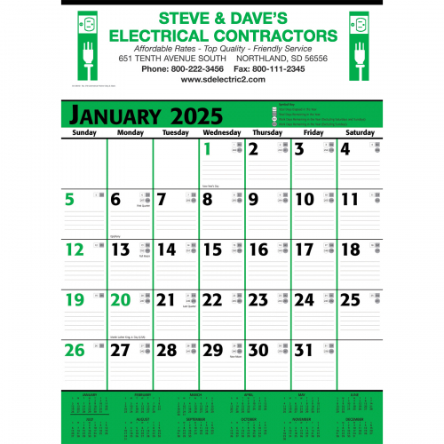 Commercial Contractor Calendar: Green & Black 2025, 2+ Imprint Colors