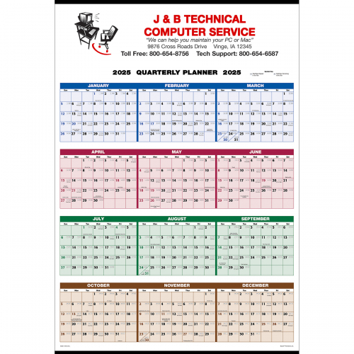 4-Color Quarterly Full Year View Single Sheet Commercial Calendar: 2+ Color 2025