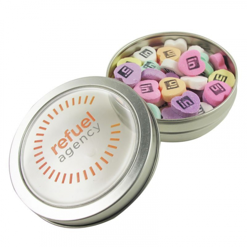 Small Top View Tin - Imprinted Conversation Hearts