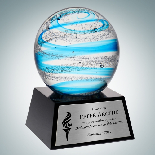 Art Glass Blue Jupiter Award with Black Base and Silver Plate