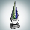 Art Glass Ocean Green Narrow Teardrop Award with Black Base and Silver Plate