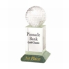 Trophy Award - Crystal Golf Ball mounted on a crystal podium style stand with green marble base