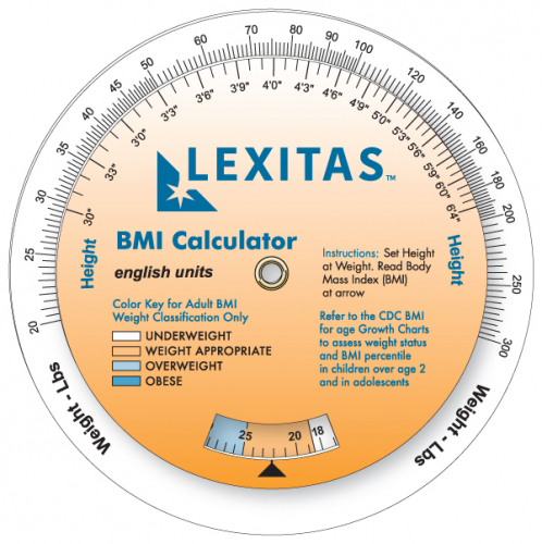 3 Wheel Body Mass Index Calculator (20-300 lb/9-136 kg), Full Colour