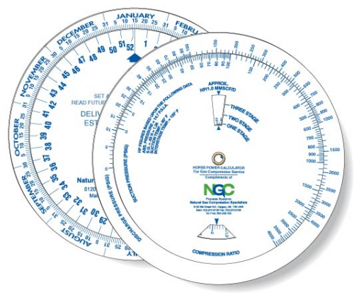 Wheel Calculator for Horsepower/ Gas Compression/ Date Finder, Custom Spot Colour Imprint